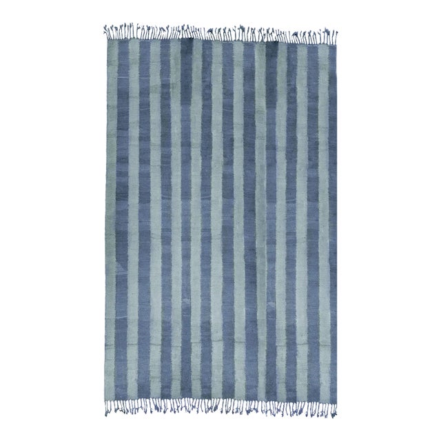 Double-Sided Natural Indigo Dyed Chambray Striped Wool Moroccan Flatweave Kilim Rug - 8x10 For Sale
