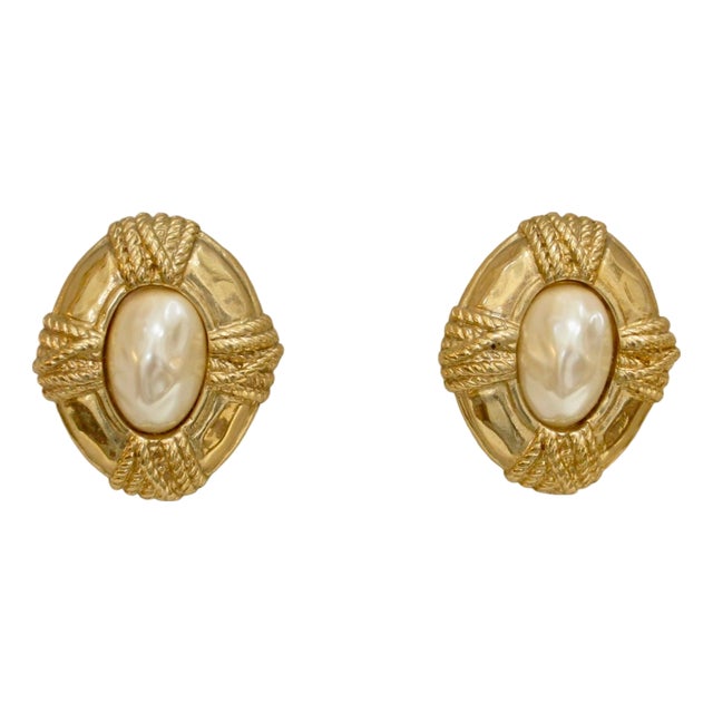 Givenchy 1970s Gold-Plated Rope Motif Baroque Glass Pearl Earrings, 2 Pieces For Sale