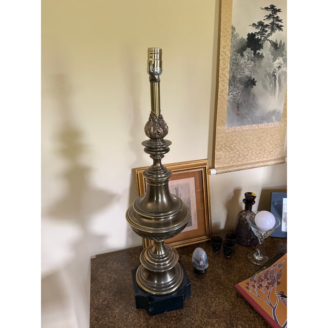 Black Curated Pair of Monumental Vintage Stiffel Neoclassical Brass Table Lamps With Custom Black Shades For Sale - Image 8 of 11
