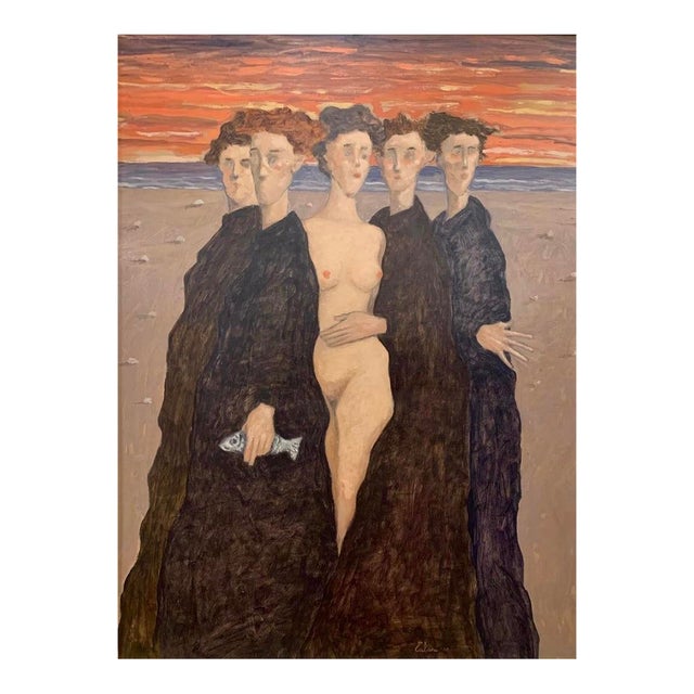 Giampaolo Talani "Sunset" Oil on Board, Figurative Nude at Sunset, Tuscan Coastal Art, Contemporary Art by Italian Master For Sale