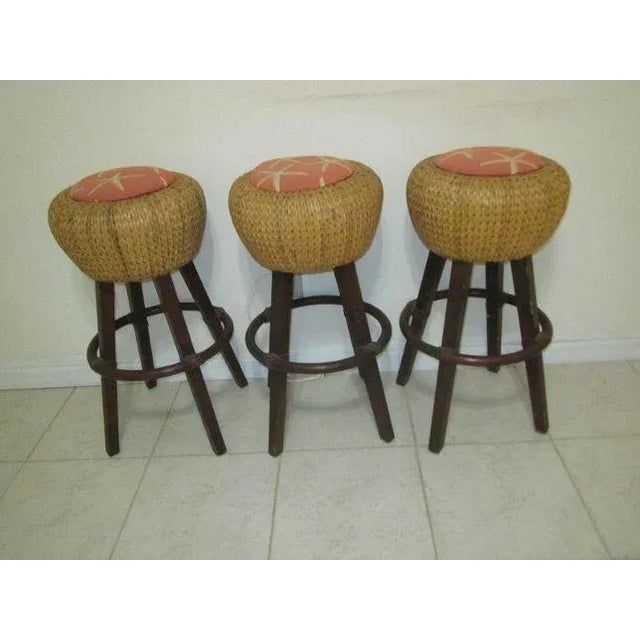 1980s Woven Rattan Wicker Round Backless Beach Coastal Not Swivel Fabric Set of 3 For Sale - Image 10 of 12