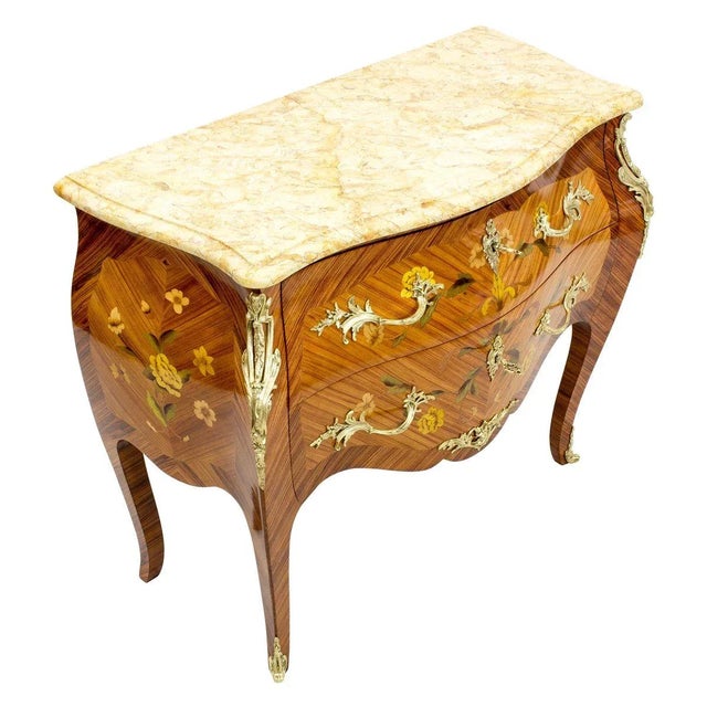 Brown Antique Louis XV Style Wood and Brass Chest of Drawers with Marble Top For Sale - Image 8 of 9