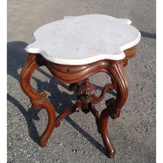 Antique Victorian White Marble Turtle Top Walnut Parlor Table 1870s