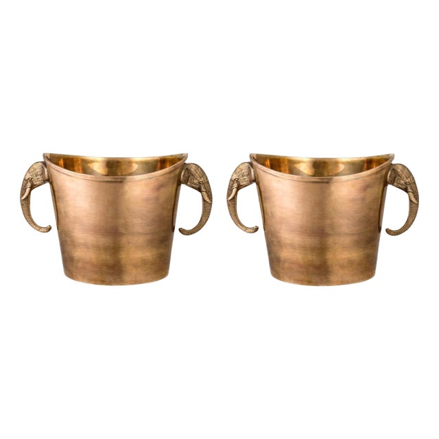 Patinated Brass Ice Buckets with Elephant Head Handles, Set of 2 For Sale