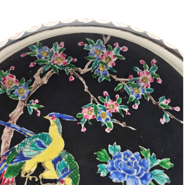 Nippon-Style Moriage 11-Inch Black-Ground Bowl With Birds and Peonies For Sale In San Francisco - Image 6 of 17