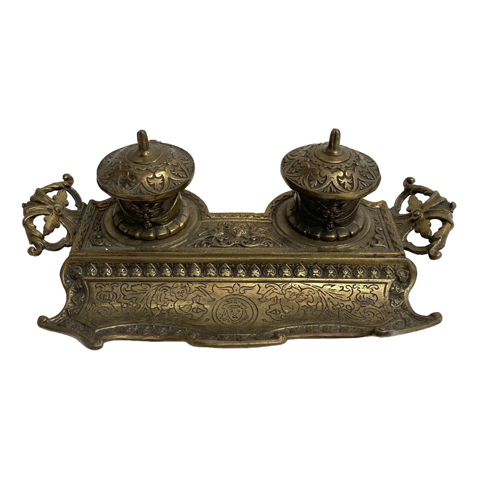 AntiqueFrench Cast Brass Double Inkwell, 1900s | Chairish