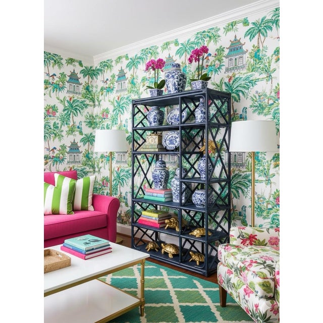 Hollywood Regency Vintage Turtle and Crane Bespoke Rattan Lapis Trellis Etagère | Hollywood Regency Chippendale Bookcase For Sale - Image 3 of 12