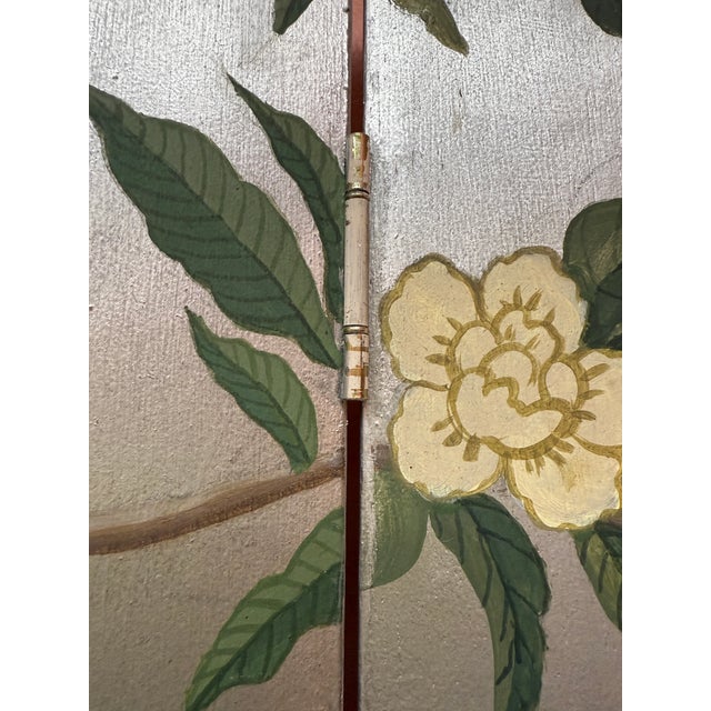 1980s Handpainted 3-Panel Screen of a Botanical Landscape With Birds, Dragonflies, and a Chameleon For Sale In Orlando - Image 6 of 12