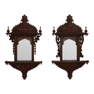 Pair Pagoda Carved Mahogany Mirror Back Wall Shelves