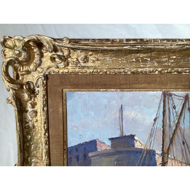 Wood Impressionist Oil Painting on Board of City Harbor Scene in Original Frame For Sale - Image 7 of 9