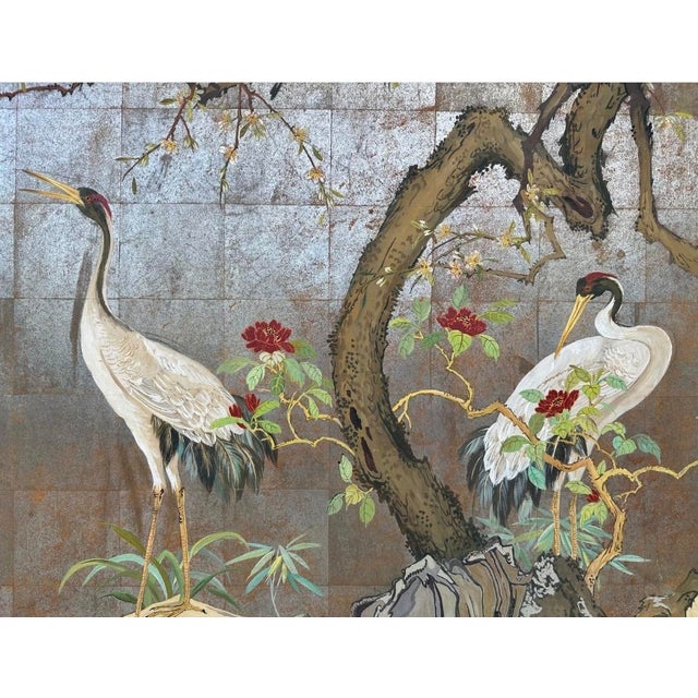 Wood 1920s Large Japanese Chinoiserie Crane Painting on Wood Panel W/ Silver, Gold, & Copper Leaf — Art Deco Framed For Sale - Image 7 of 18