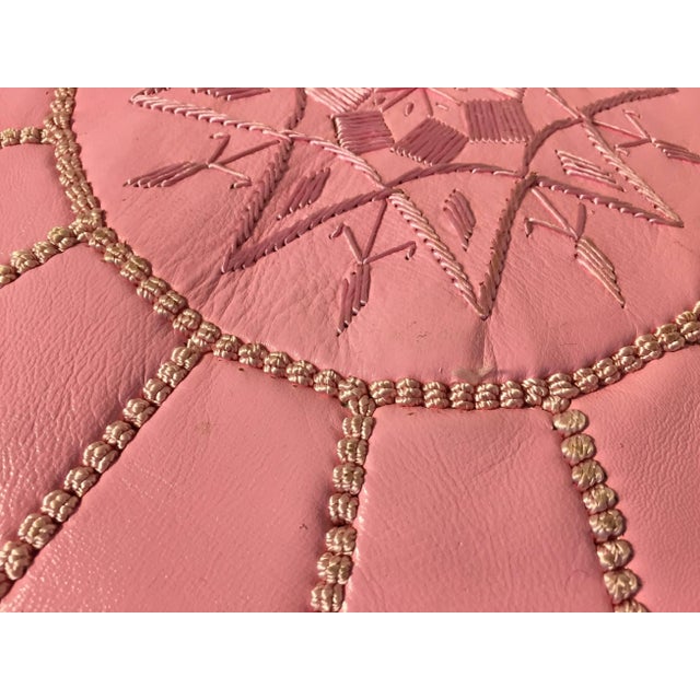 Pink Vintage Mid Century Moroccan Baby Pink Color Hand Tooled Leather Pouf For Sale - Image 8 of 9