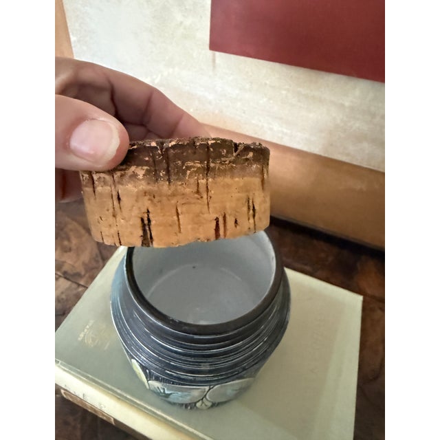 Vintage Italian Tobak Jar With Cork Lid | Mid-Century Modern Pottery Tobacco Canister | Hand-Painted Foliage Motif For Sale In Chicago - Image 6 of 12