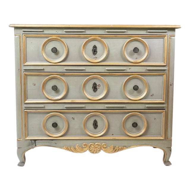 1990s Handcrafted Chest With Two-Toned Scrubbed Gray Painted Red Finish and Gold Leaf Accents For Sale