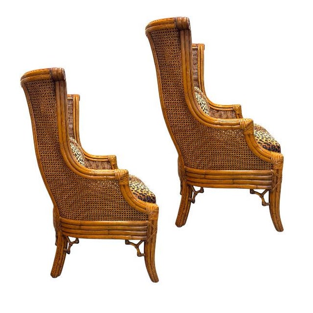 English Pair of Double-Caned Rattan Wing Chairs With Leopard Upholstery For Sale - Image 3 of 11