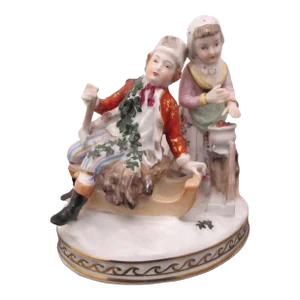 Dresden Winter Couple on Sled W/Hatchet Soup Porcelain Miniature Figurine
