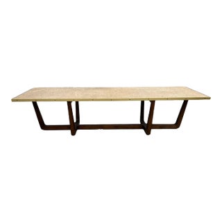 1970s Coffee Table With Brass-Rimmed Raffia Top and Walnut Base For Sale