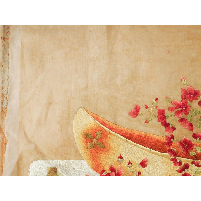 Art Nouveau Late 19th Century Distressed Silk Embroidered Floral Still Life on Cotton For Sale - Image 3 of 10