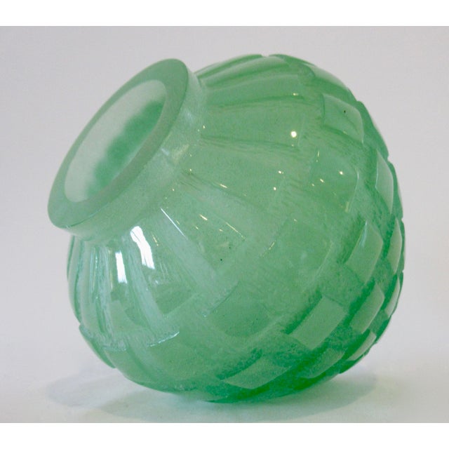 Daum France Crystal "Pate De Crystal," Celadon Green Geometric Raised Relief "Rhythmns," Vase/Vessel For Sale - Image 9 of 18