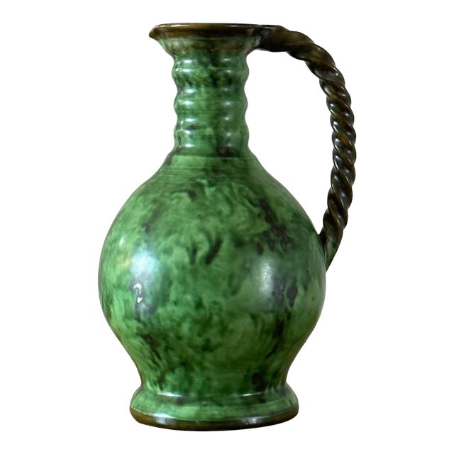 1960s Erik Mornils Handled Pitcher Vase for Nittsjö Keramik, Sweden, Malachite Glaze For Sale
