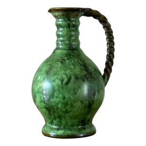 1960s Erik Mornils Handled Pitcher Vase for Nittsjö Keramik, Sweden, Malachite Glaze