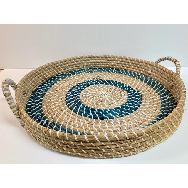 Round Ratan Natural and Blue Tray With Handles For Sale - Image 4 of 10