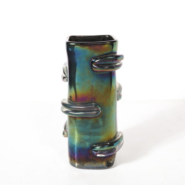 Pair of Mid-Century Hand-Blown Murano Iridescent Glass Vases For Sale - Image 11 of 14