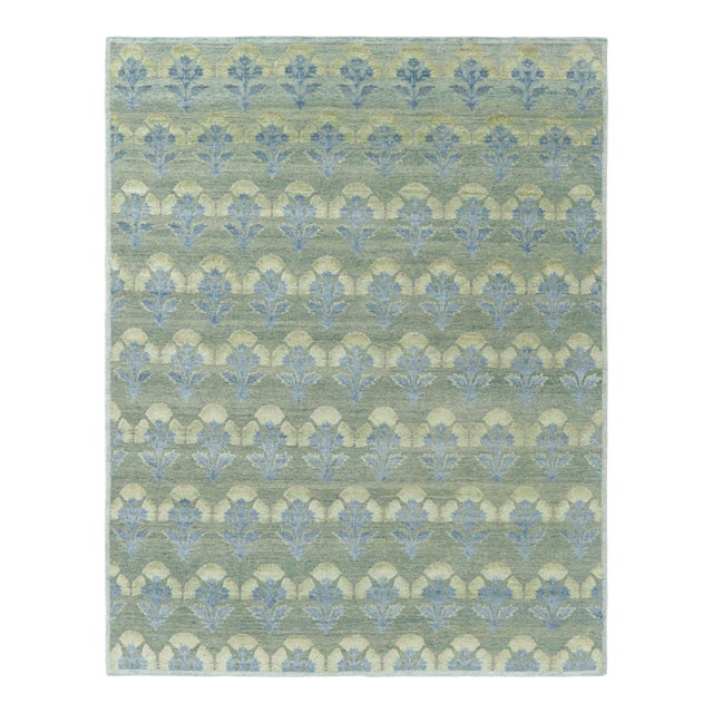 Rug & Kilim’s Custom Block Print Rug Design with Blue and Green Floral Pattern - 3x16 For Sale