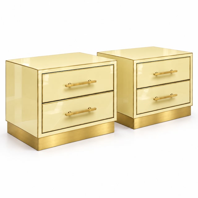 Butter Yellow Murano Glass Bedside Tables on Brass Plinth from Justfurnituress SRL, Set of 2 For Sale - Image 9 of 9