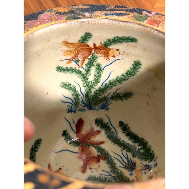 Vintage Satsuma Style Porcelain Fishbowl Planter Floral and Keisha Design With Koi Interior For Sale - Image 11 of 15