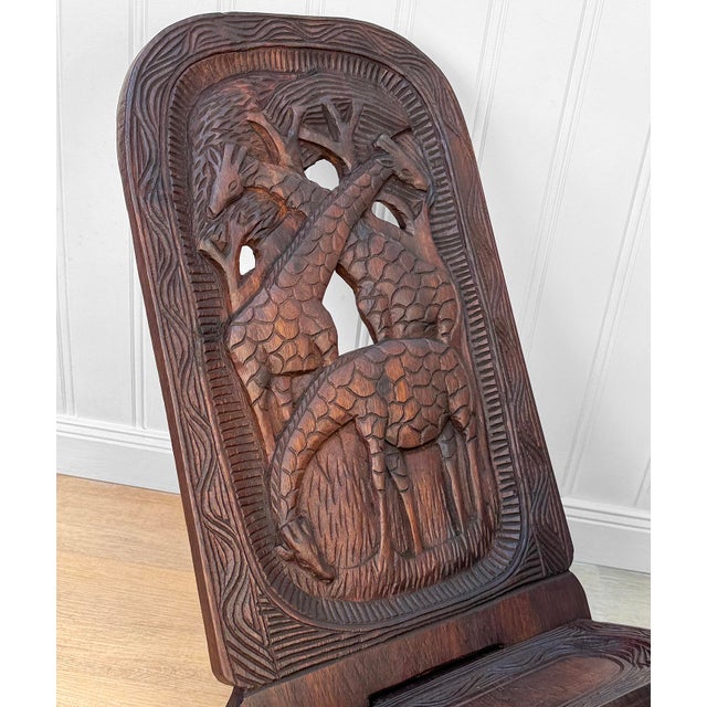 Vintage African Mahogany Elephant & Giraffe Carved Slipper Chairs - A Pair For Sale - Image 9 of 12