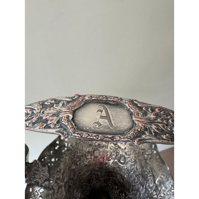 Silver Victorian Silver-Plated Bride’s Basket With Reticulated Rim & Repousse Decoration, C. 1880s — Monogrammed “A” For Sale - Image 8 of 9