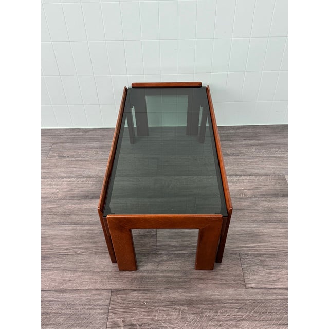 1970s Vintage Italian Coffee Table in Wood with Smoked Glass Top, 1970s For Sale - Image 5 of 10