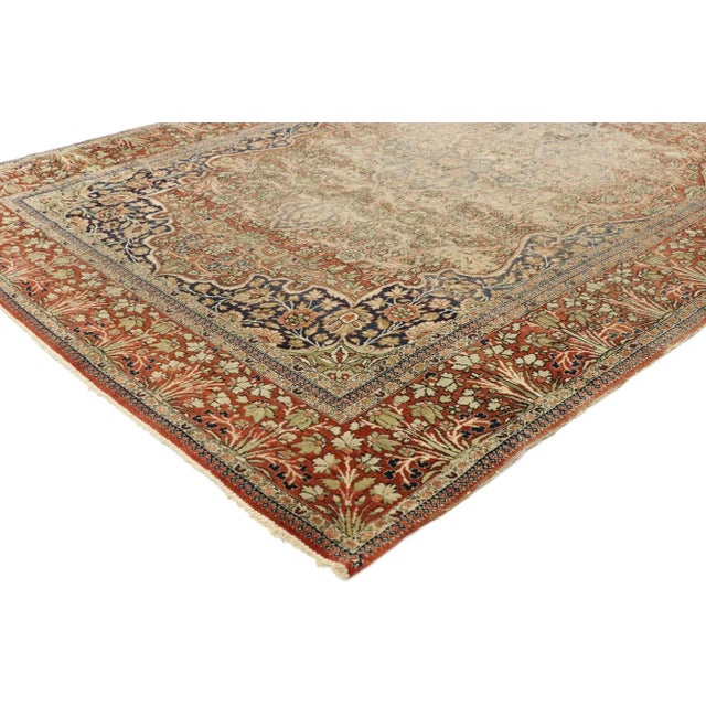 Distressed Antique Persian Mohtesham Kashan Rug with Modern Rustic English Style 04'05 x 06'10. With its perfectly worn-in...