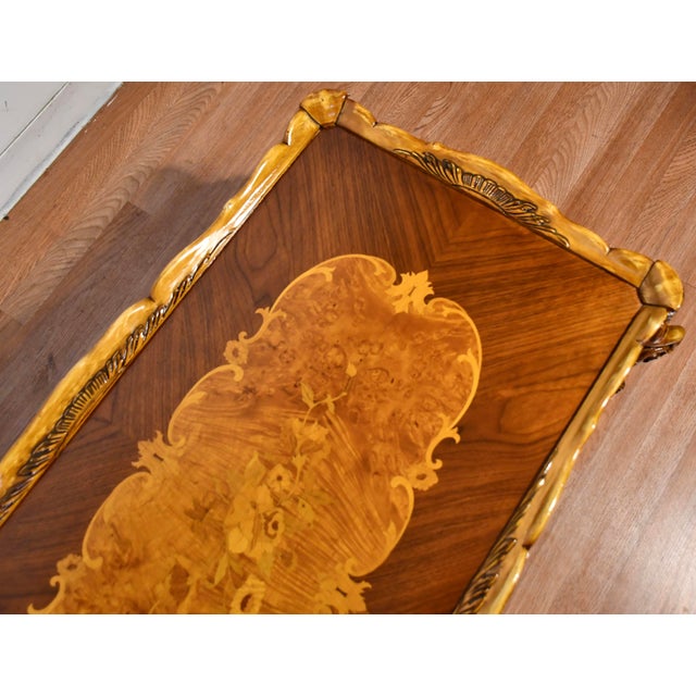 1930s 1930 French Walnut & Satinwood Inlay Carved Cherubs Hand Painted Coffee Table For Sale - Image 5 of 11