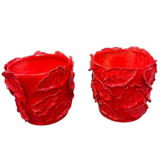 Italian Vibrant Italian Red Majolica Leaf-Appliqué Planters For Sale - Image 3 of 12
