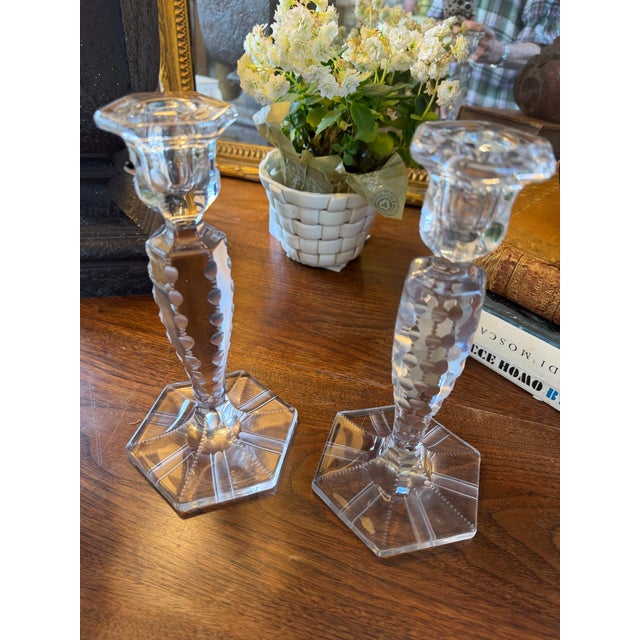 1920's American Brilliant Glass Candle Holders PAIR Rare find. Beautifully cut stems, classic design. Immaculate...