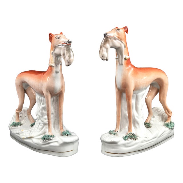 Victorian Porcelain Staffordshire Greyhounds with Hares, England, 1850, Set of 2 For Sale