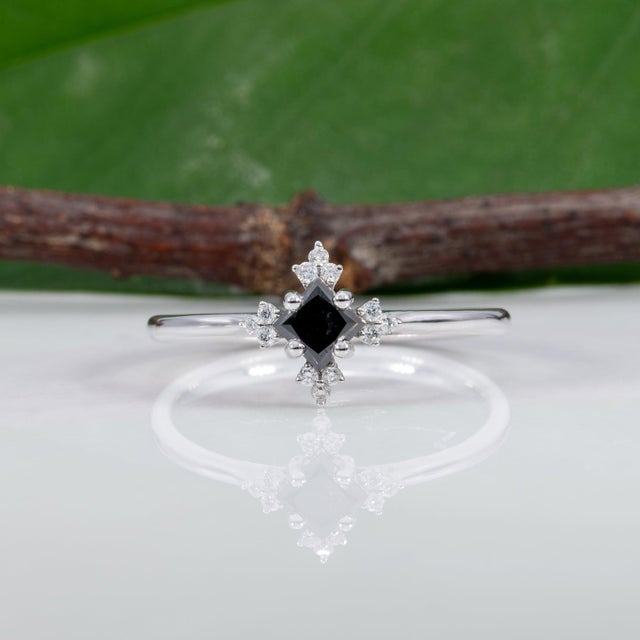 2020s Black Diamond Ring With Diamond Accents in Solid 14k Gold, Asscher Cut 3.6mm, Size 6.75 For Sale - Image 5 of 9