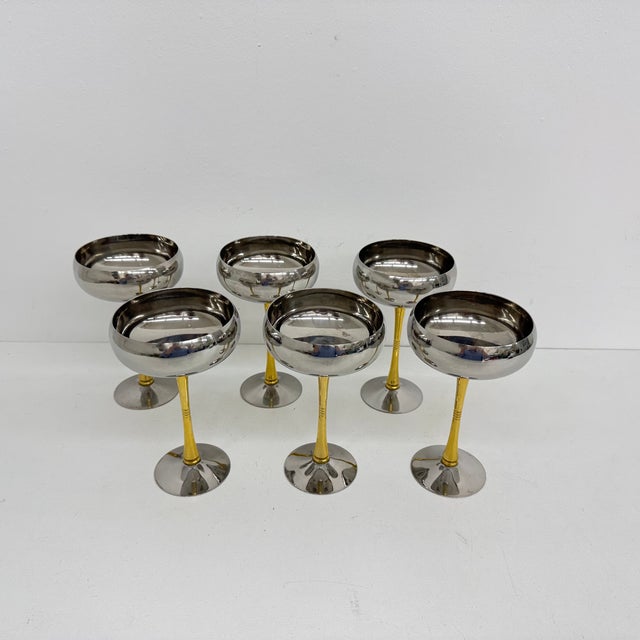 Mid-Century Italian Stainless Steel and Brass Champagne Coupes, 1970s, Set of 6 For Sale - Image 12 of 14