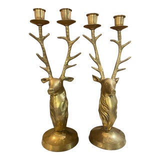 Pair of Late 19th Century Brass Deer/ Stag Elk Candle Holders For Sale