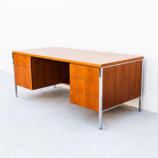 Mid-Century Modern Vintage 1960s Mid Century Modern Teak & Chrome Executive Desk After Florence Knoll For Sale - Image 3 of 14