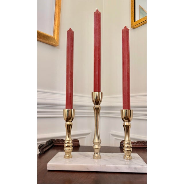 Hollywood Regency Brass Three-Candle Candelabra on White Marble Base For Sale - Image 11 of 11