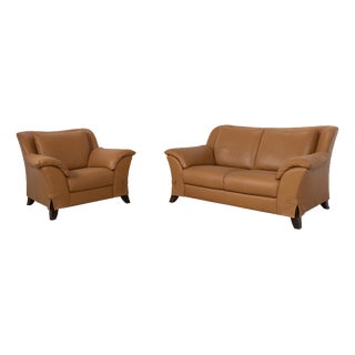 Cognac Leather 2-Seater Sofa and Lounge Chair from Natuzzi, Set of 2 For Sale
