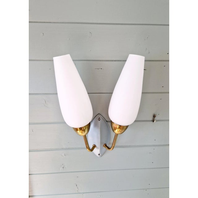 Vintage Double Wall Light in Brass and White Opaline, 1950s For Sale - Image 6 of 10