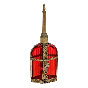 Moroccan Perfume Bottle Sprinkler With Embossed Metal Overlay and Red Glass