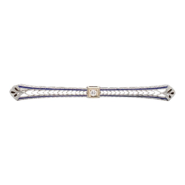 1920s Art Deco 14k White Gold & Platinum Blue Enamel Old European Diamond Bar Brooch For Sale