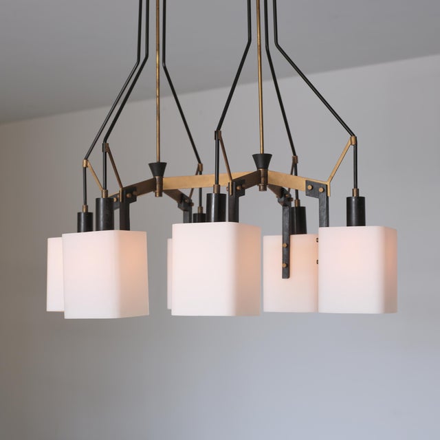 Italian Six-Light Chandelier in Brass, Black Metal and Opaline Glass, 1950s For Sale - Image 12 of 16