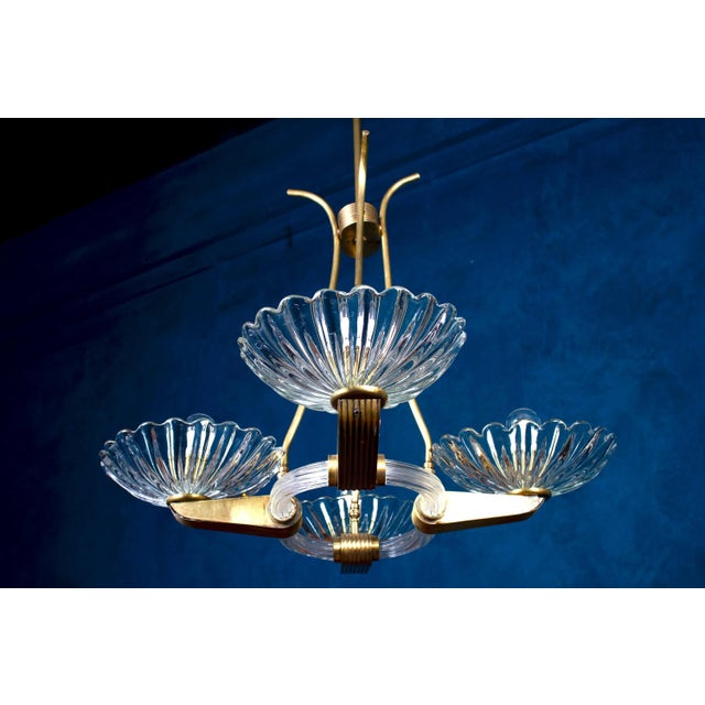 Art Deco Brass Mounted Murano Glass Chandelier attributed to Barovier, 1940s For Sale - Image 4 of 8