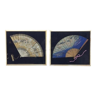 Pair Vintage Japanese Framed Hand Painted Paper Fans on Bamboo For Sale